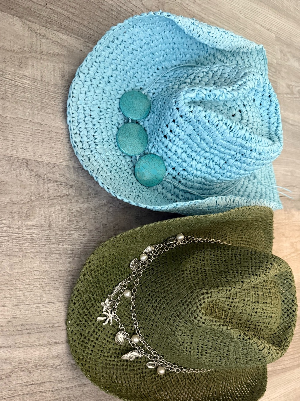 BUNDLE - two straw cowboy hats turquoise and olive green - Picture 2 of 2